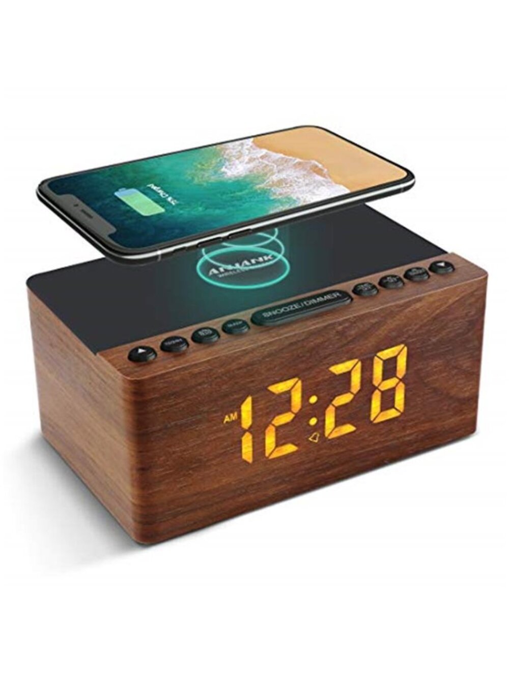 Digital Alarm Clock Wireless Charger FM Radio Wooden Bedside USB Snooze Brown